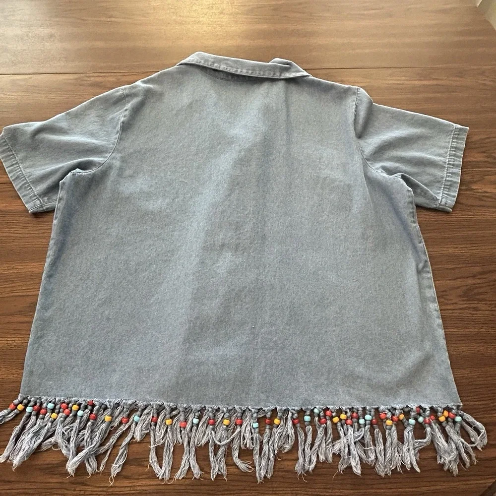 Stonebridge 1X Chambray‎ Denim Beaded Fringe Hem Shirt Festival Western Plus - Picture 12 of 13